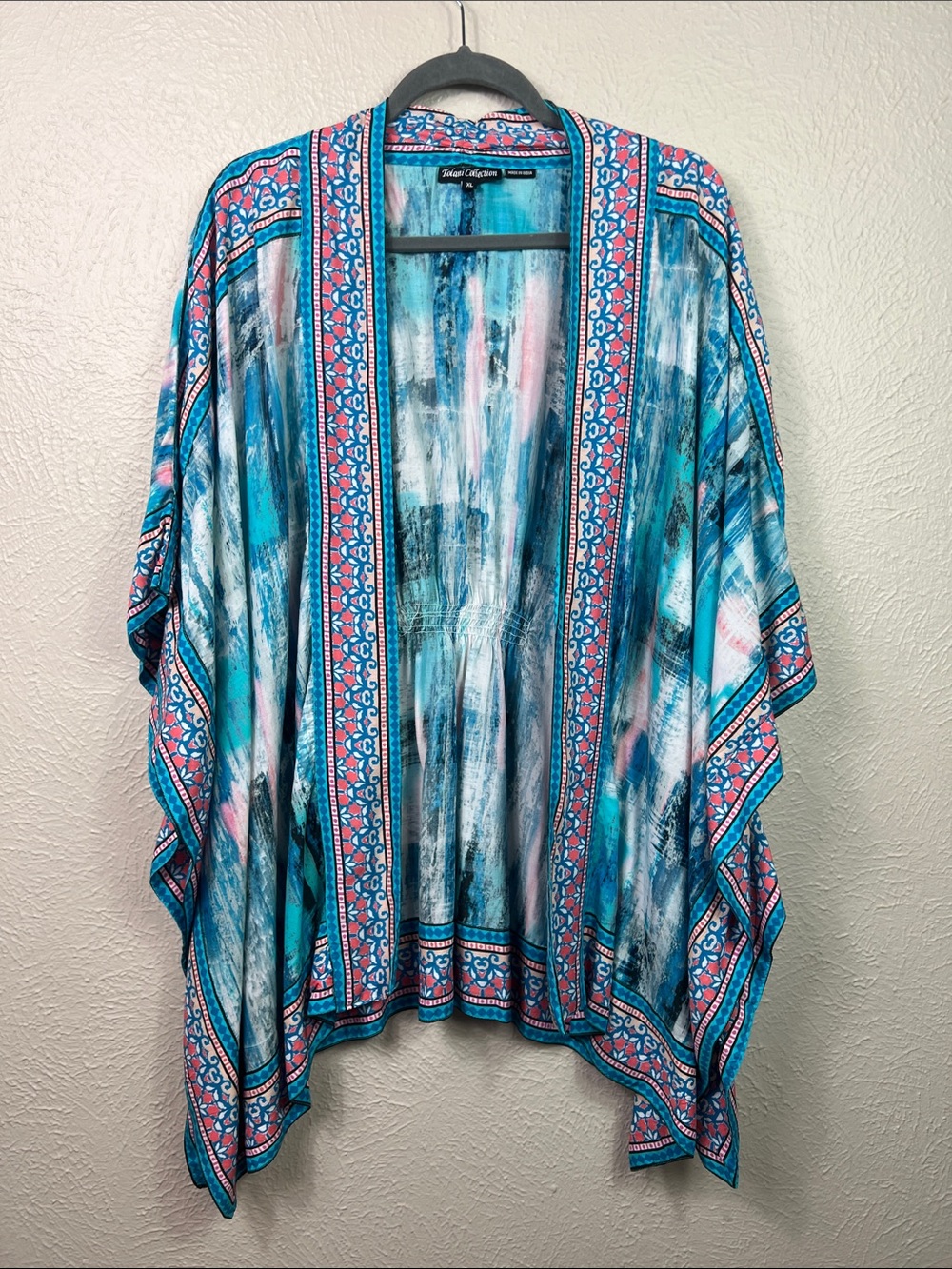Tolani Pink Aqua Watercolor Open Front Elastic Back Kimono XL